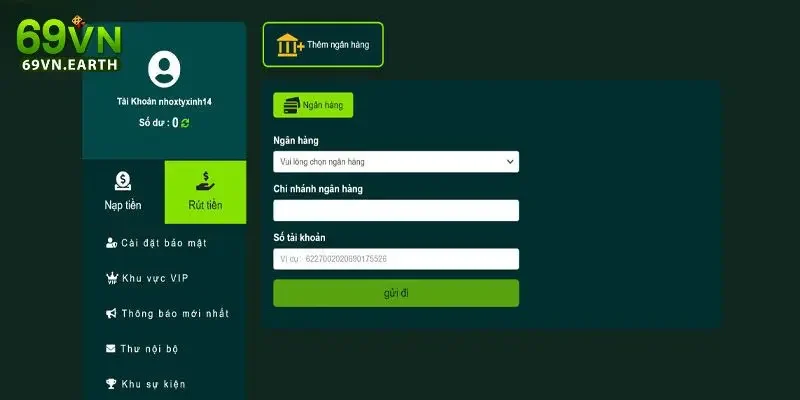 rút tiền 69VN Tiến hành nhập các thông tin